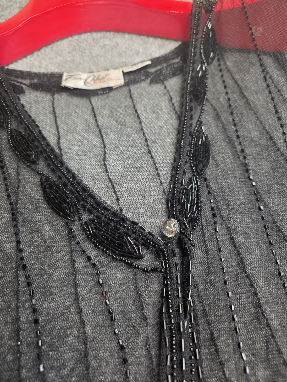 Vtg 80s Tan Chho Embroidered Sequin Long Duster Black Sequin