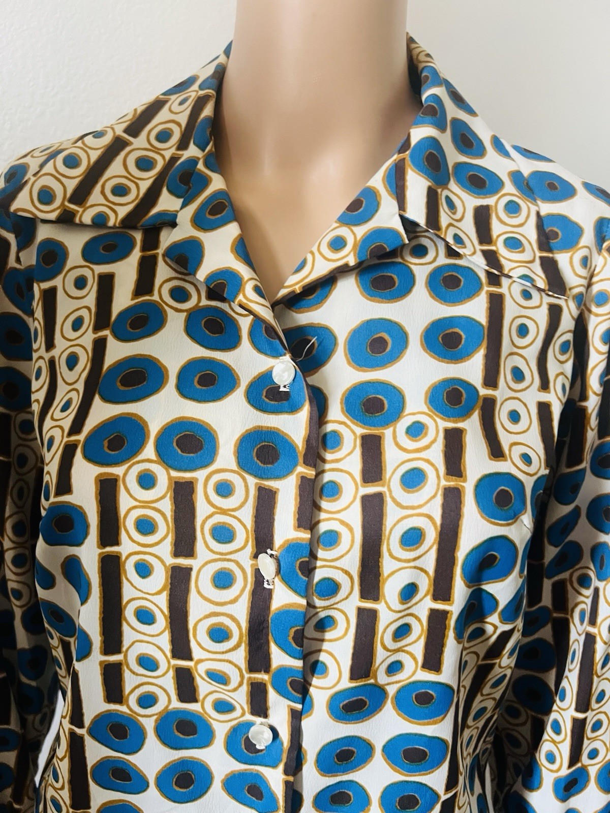 VTG 70s Disco Bold Geometric Circles Big Collar Blouse Graff Californiawear Top