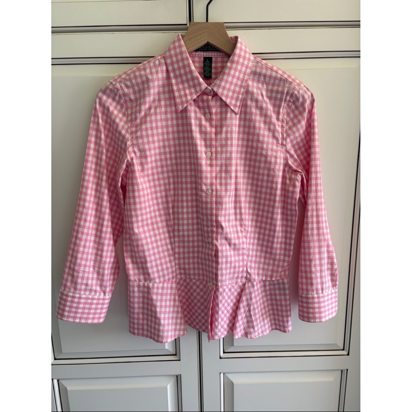Vintage Ralph Lauren Peplum Gingham Check Pink White Preppy Cottage Top Womens 6