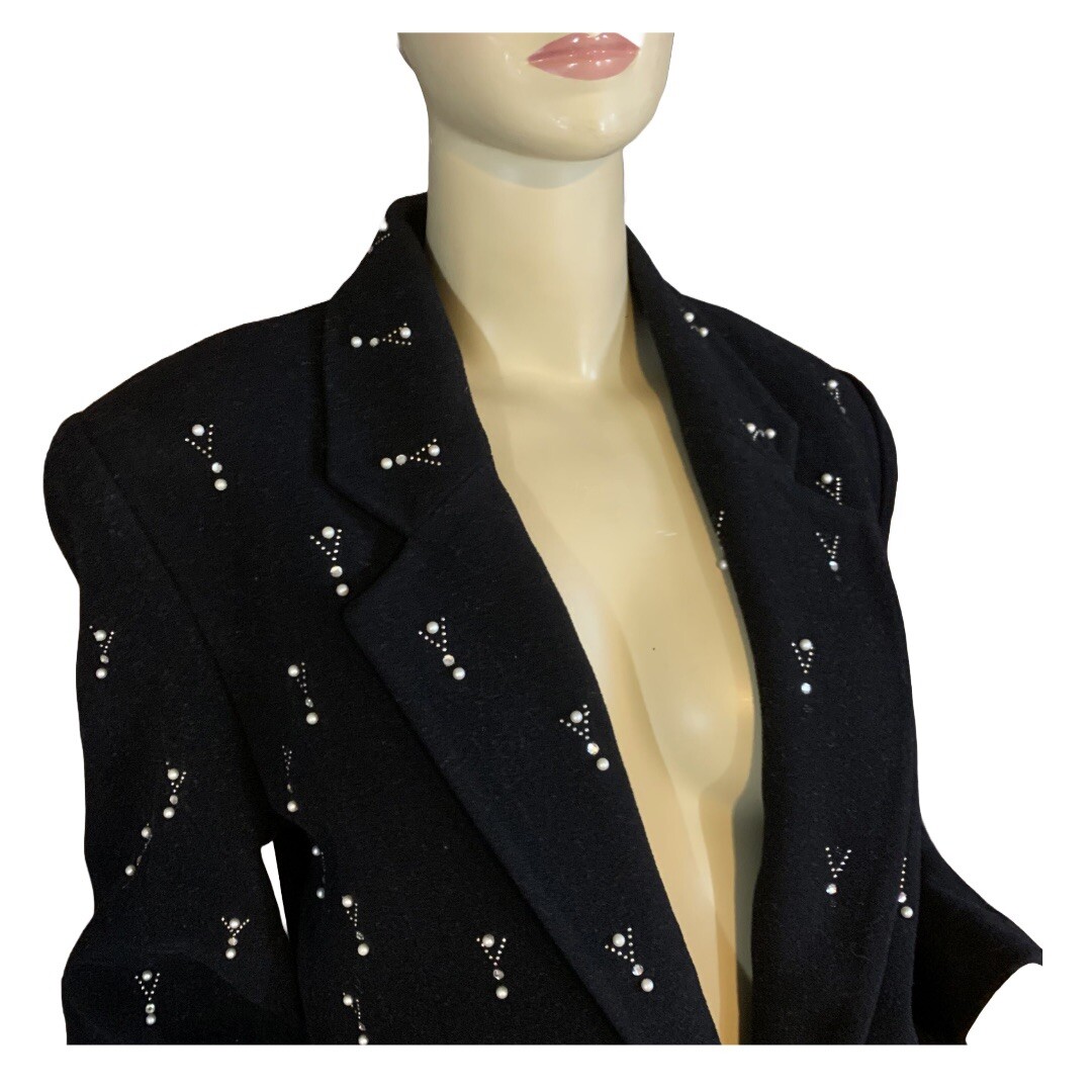 VINTAGE 1980&rsquo;S FOCUS 2000 BLACK WOOL & CASHMERE BLEND BEADED BLAZER SIZE 12