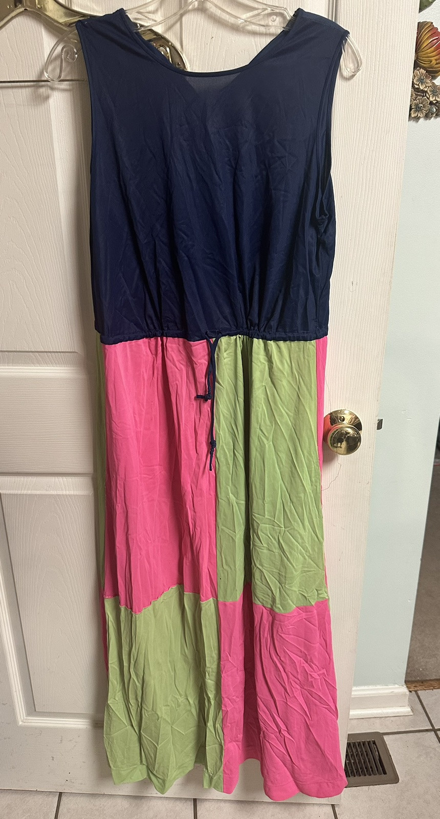 60-70s Colorblock Mod Maxi House Dress Nightgown Pink Green Neon L Semi Sheer