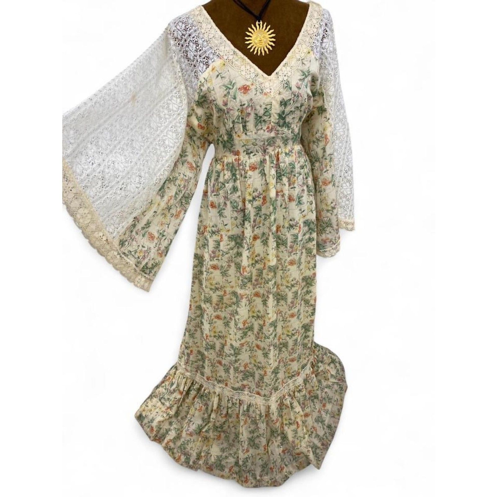 Whimsigoth Cottagecore Feminine Boho Festival Maxi Dress Lace Bell Sleeves