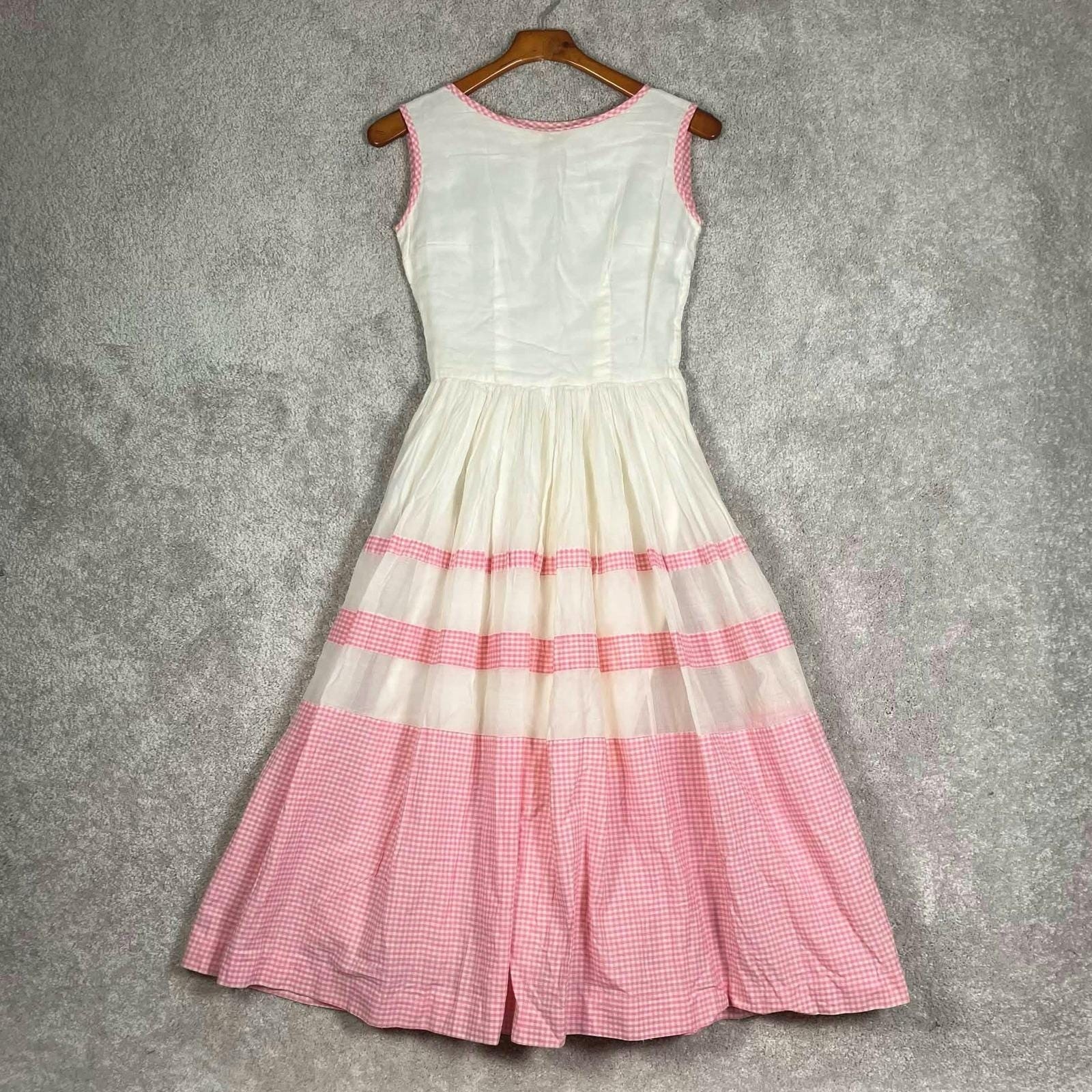 Vintage 50s Pink Gingham Organza Fit and Flare Dress White Sleeveless Midi
