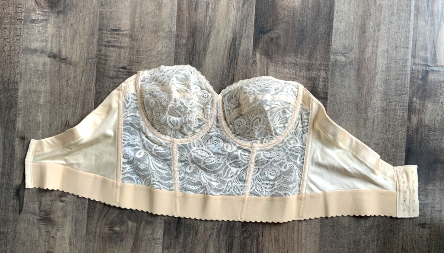 Vintage ADONNA Nude Beige Strapless Nylon LACE BUSTIER Bra Size 40C