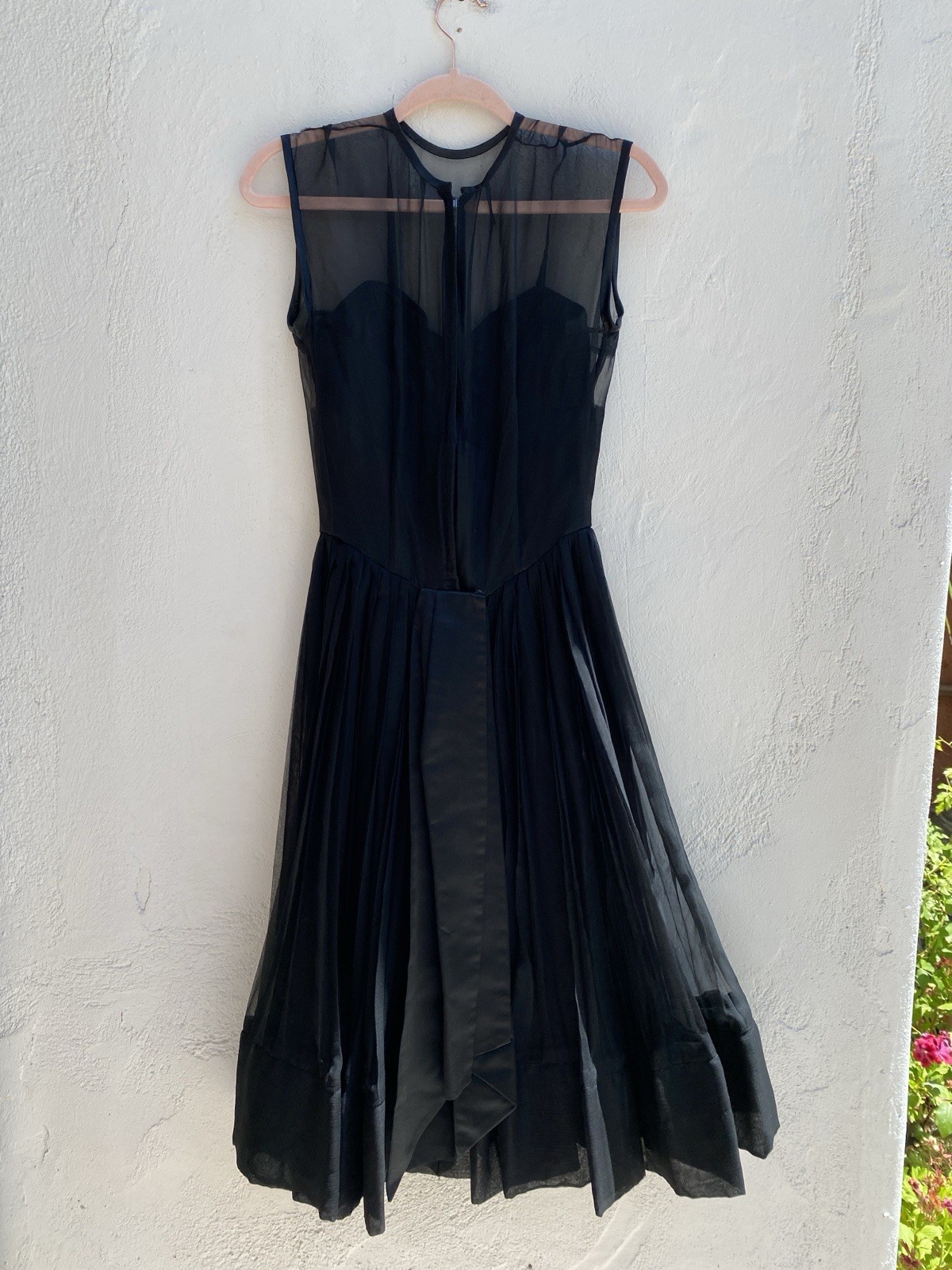 Vintage 50s M Silk Chiffon Sheer Pleated Evening Dress Sexy Full Circle