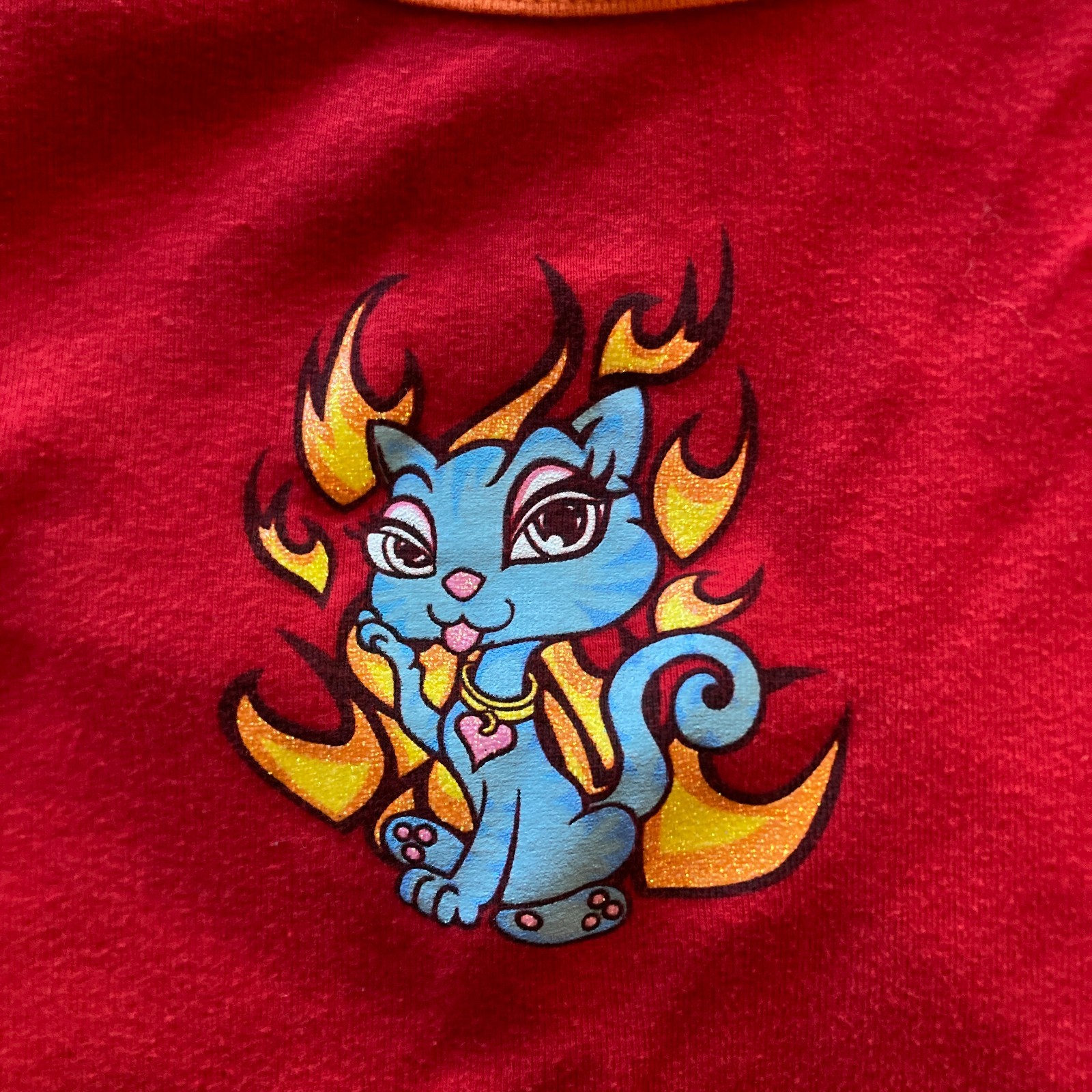 VINTAGE 1990s/Y2K SELF ESTEEM KITTEN FLAMES BABY DOLL SHIRT vtg crop flaming cat