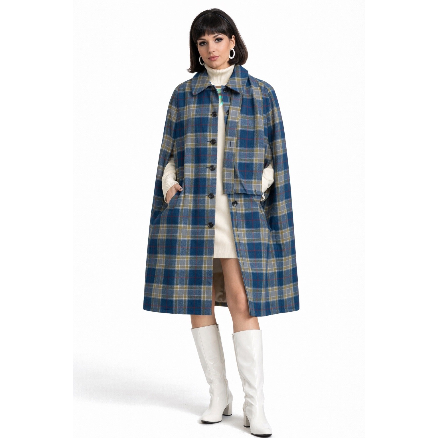 Archie Brown & Son Vintage Blue Plaid 100% Wool Cape Scarf Set Great Britain
