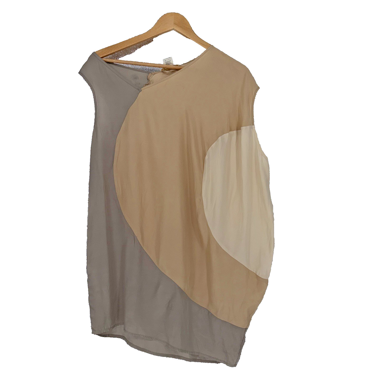 VTG Gold Hawk 100% Silk Blouse M Asymmetric Colorblock Sleeveless Top Beige USA