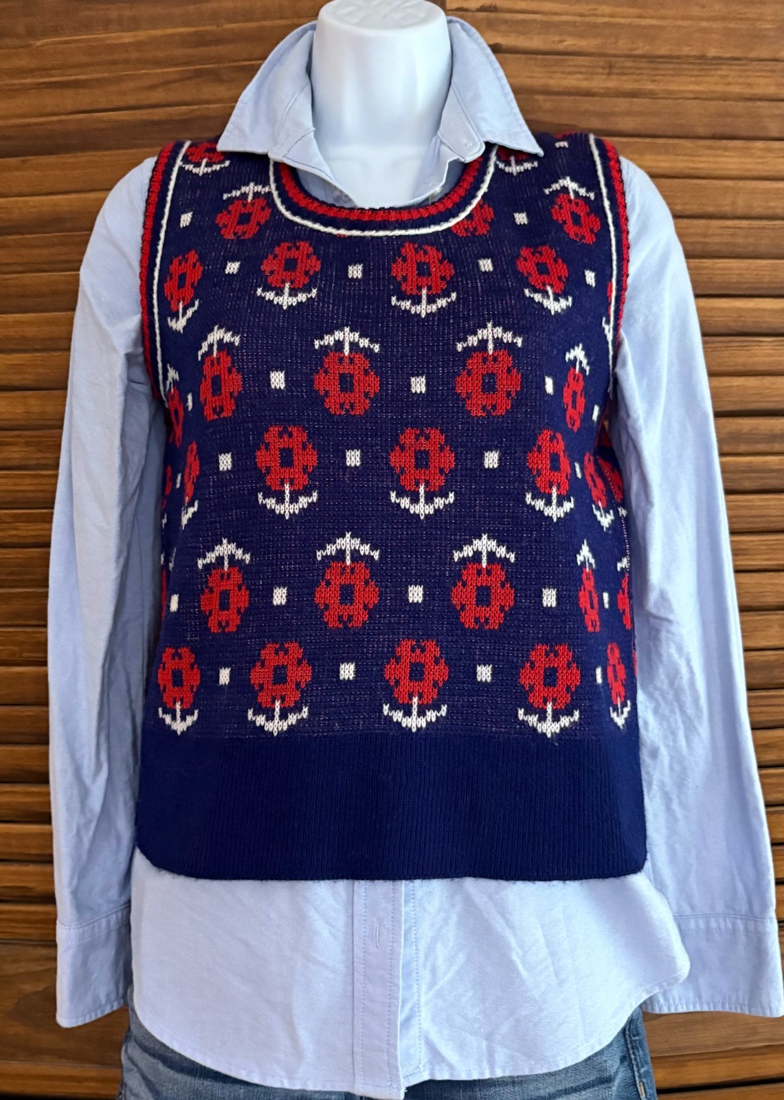 Ship &lsquo;n Shore Sweater Vest Women M Vintage 70s Navy Red Floral Daisy