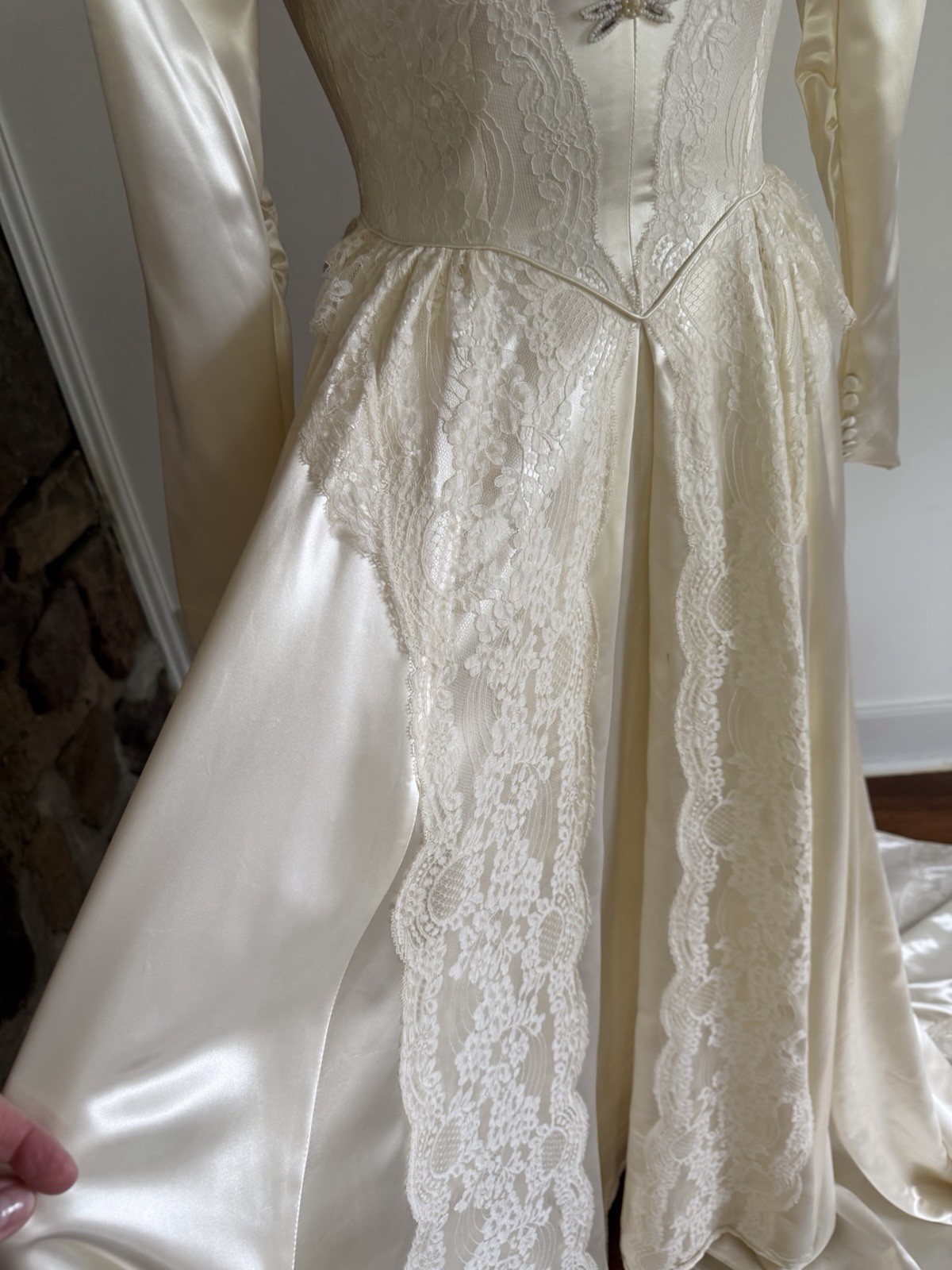 Vintage 1940s Wedding Dress, Liquid Satin,Ivory, Long Dramatic Train, Lace