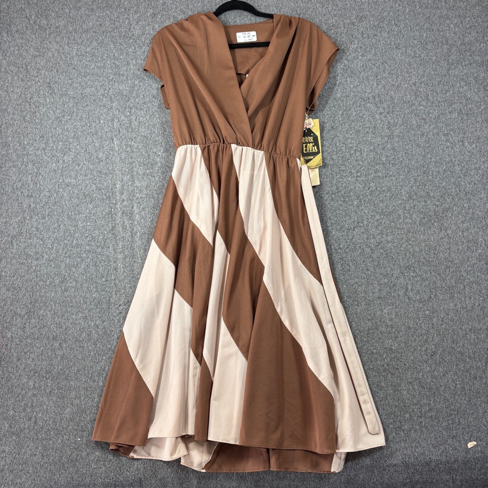 Vintage Jerri Ellis Brown Cream Diagonal Stripe Midi Dress w/belt Size 12 NWT