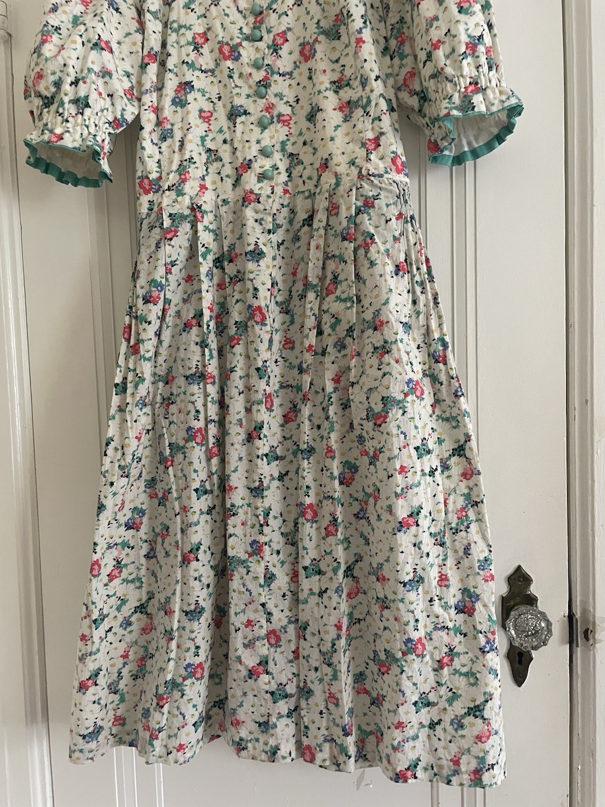 Vintage Floral Square Neck Balloon Short Sleeve Midi Homemade Day Dress S/M