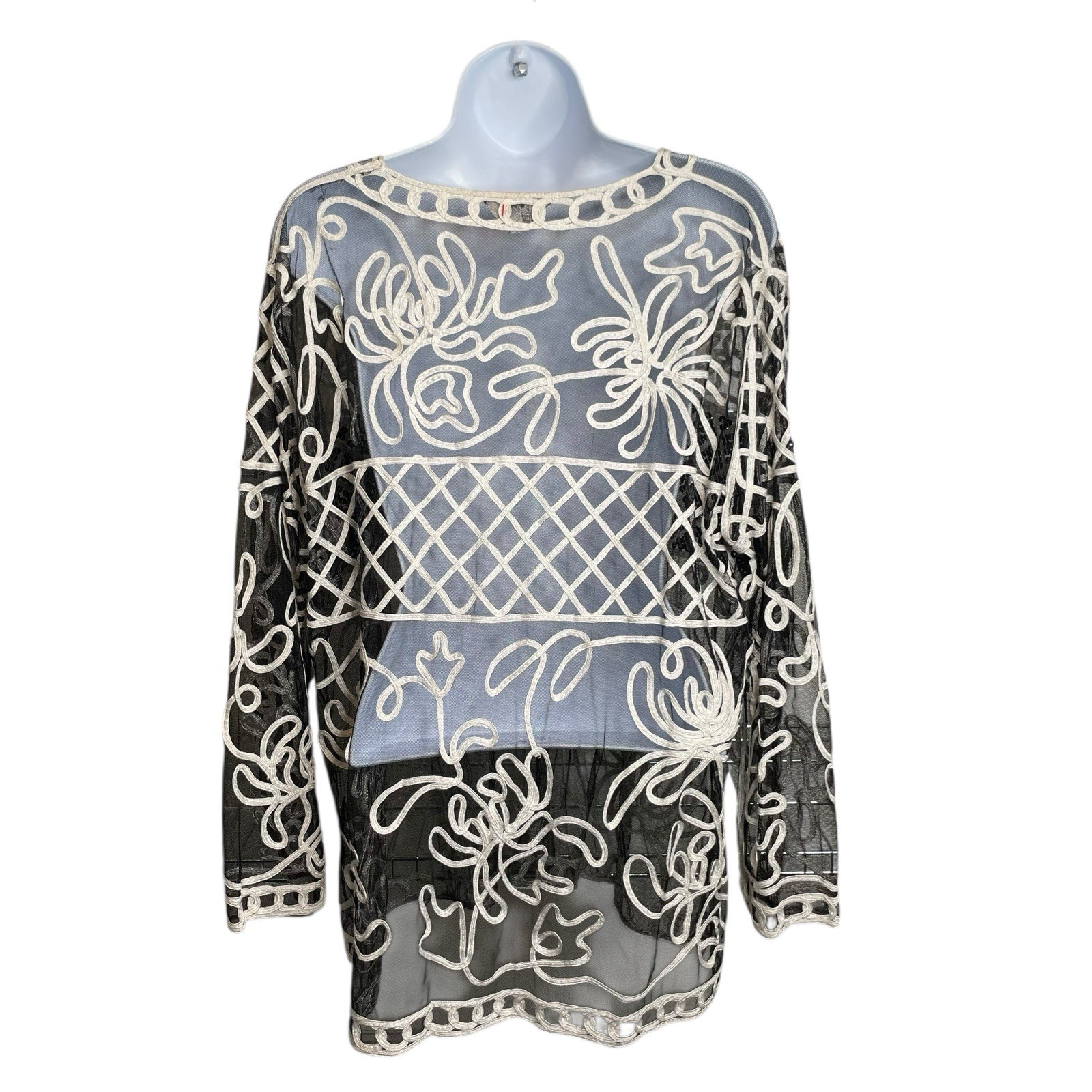 VTG 80s Celsa Black White Lattice Patchwork Jacket Top Est. Size 2X Art To Wear