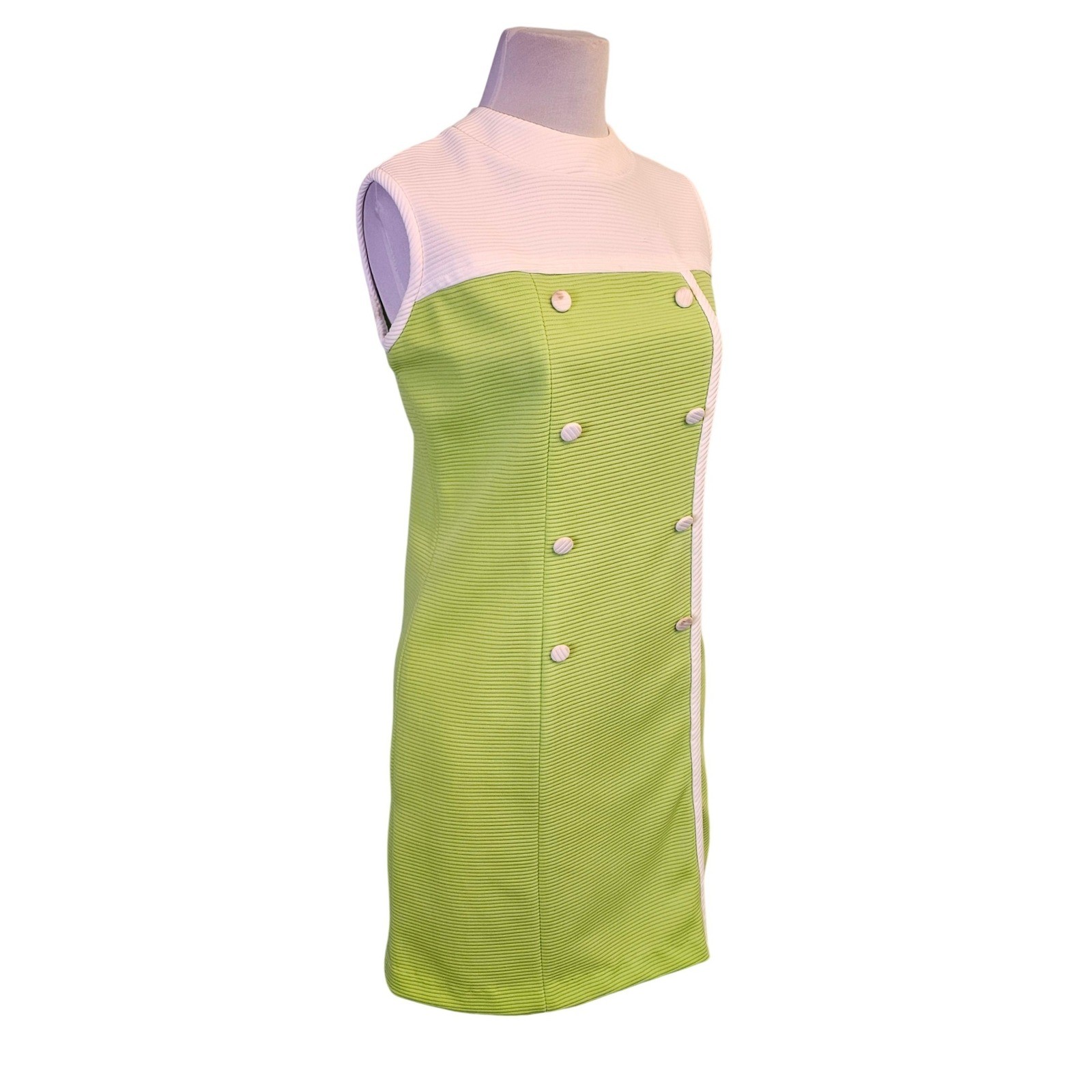 Vintage 60s Mod Lime Green White Ribbed Shift Dress ILGWU Union Made Womens XL