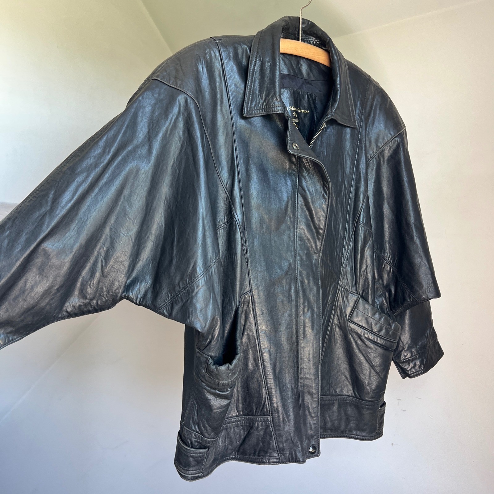 Vintage 80s Leather Jacket Black Biker Moto Dolman Sleeve Batwing Oversized USA