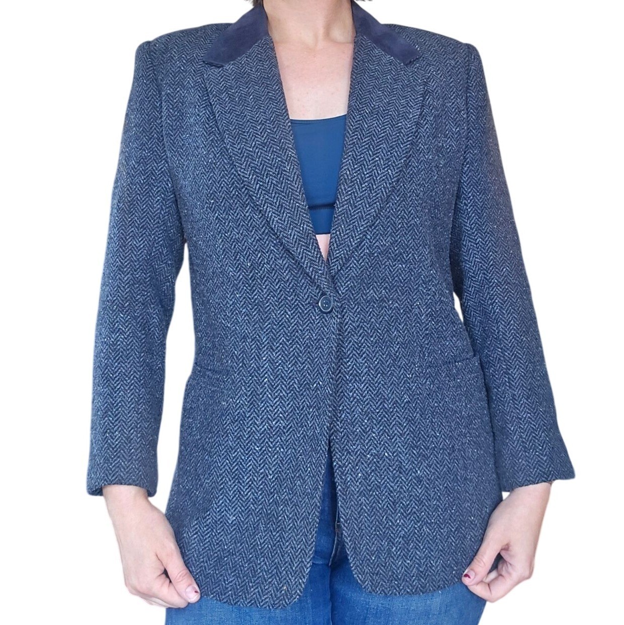 Vintage 90s White Stag Herringbone Blue Grey Blazer Pig Suede Collar Women&rsquo;s 10