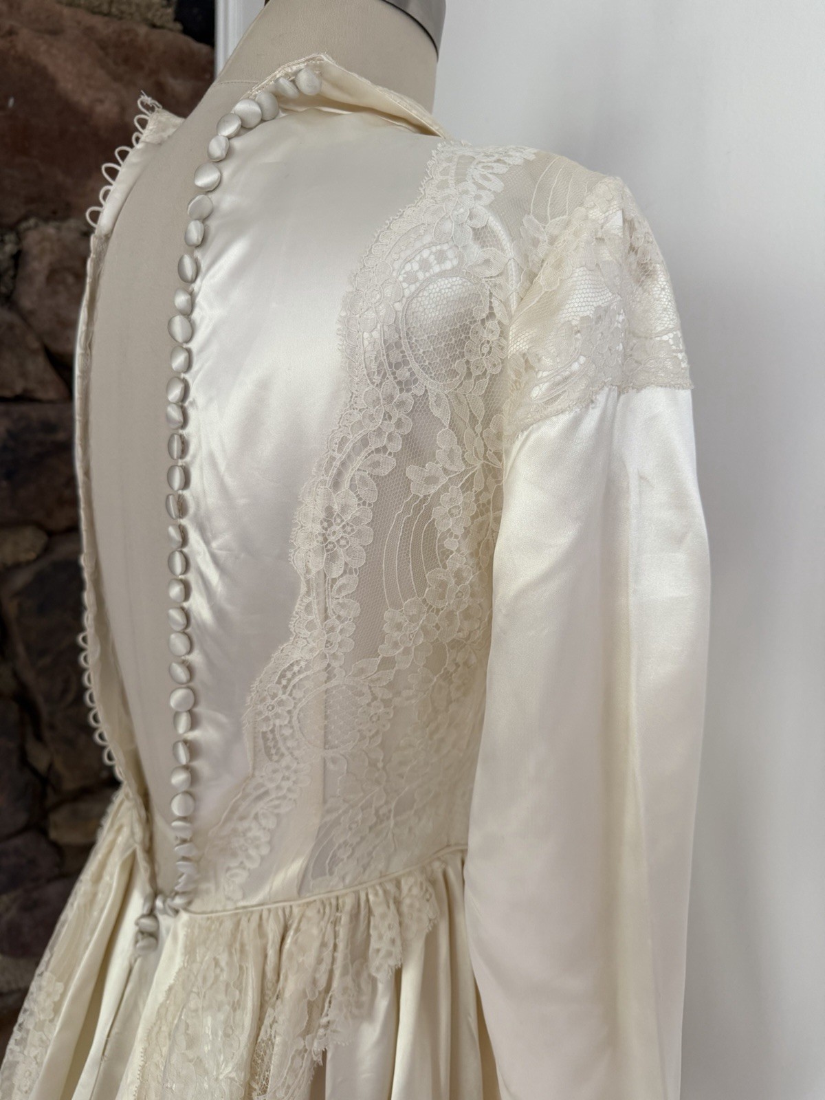 Vintage 1940s Wedding Dress, Liquid Satin,Ivory, Long Dramatic Train, Lace