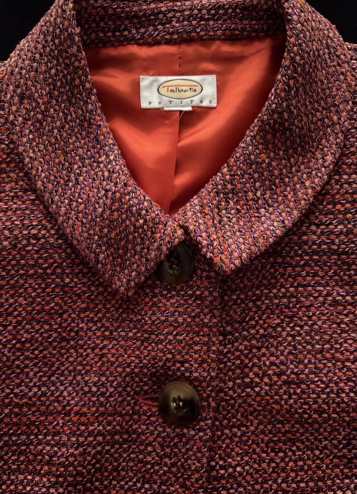 Talbots 2pc Silk Blend Multi Rasberry/Wine Tweed Sheath Dress Jacket Set Sz12P