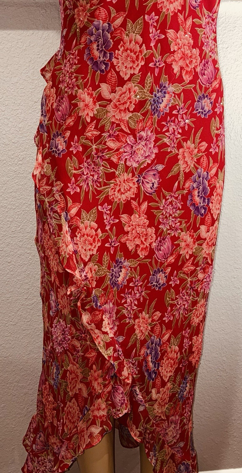 VTG Robbie Bee 100% Silk Red Floral Midi Slip Dress Fairy Chiffon Women’s 14