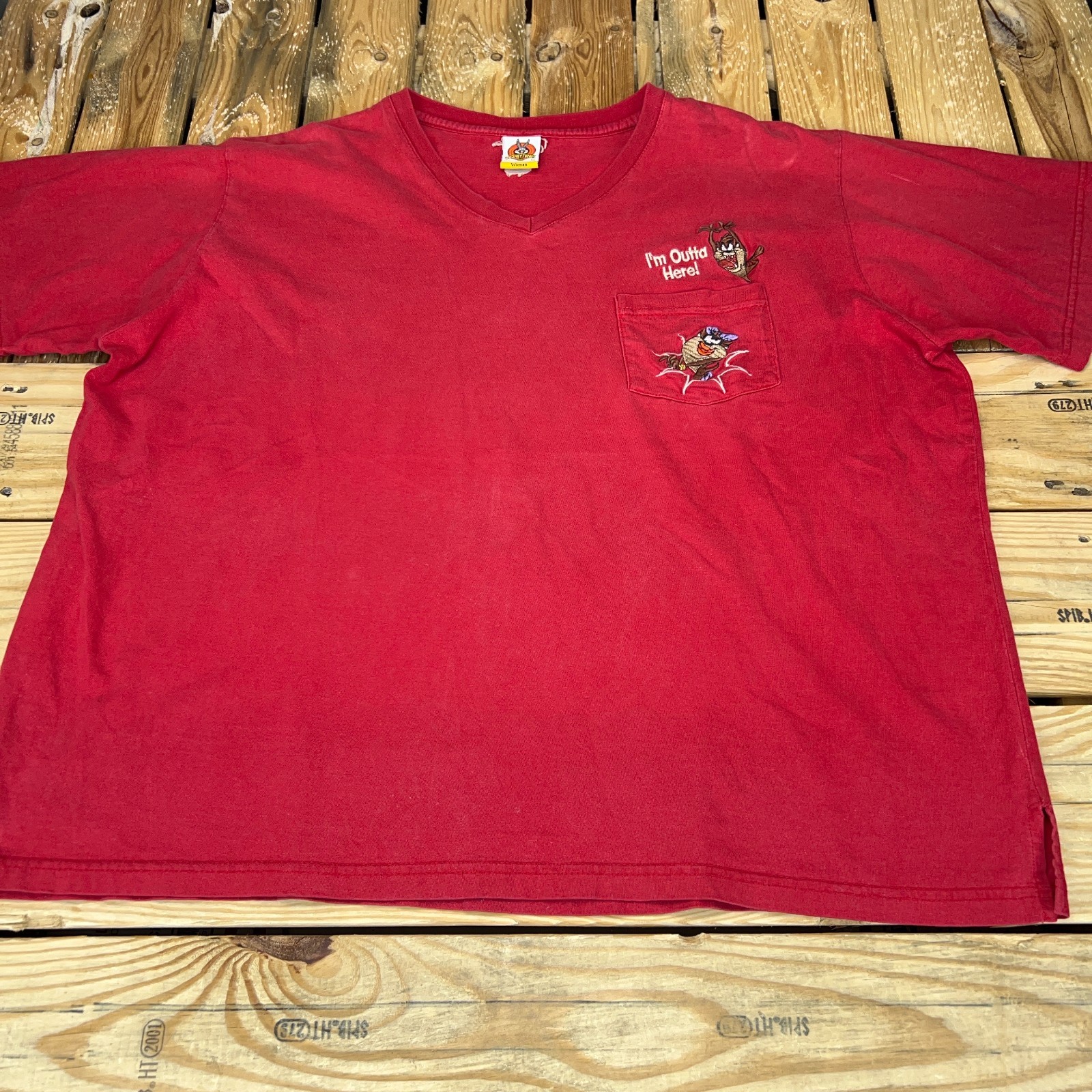 Y2K 2001 Taz Looney Tunes « I&rsquo;m Outta Here! » Red V-Neck T-Shirt Women’s XXL Plus