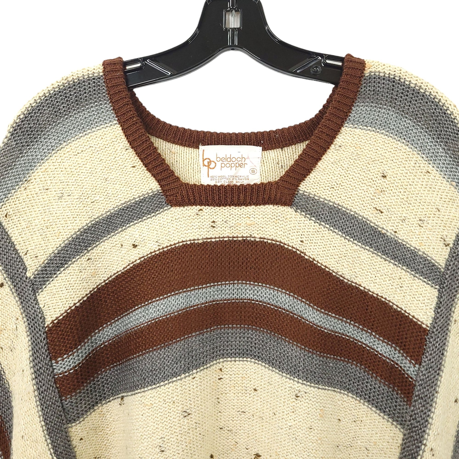Beldoch Popper Wool Blend Poncho S Shawl Cape Striped Beige Blue Gray Vintage