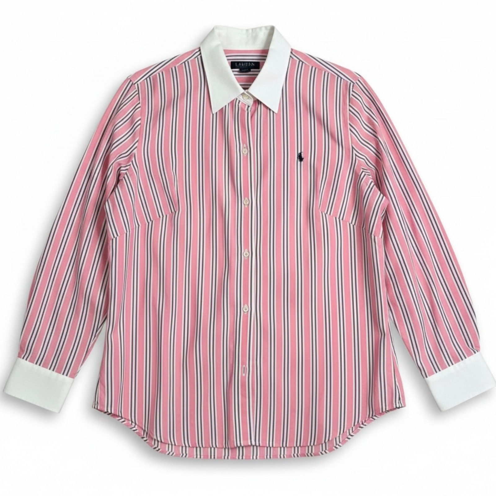 Lauren By Ralph Lauren Women’s Button Down PINK w/ Strips w/ Pink Logo.