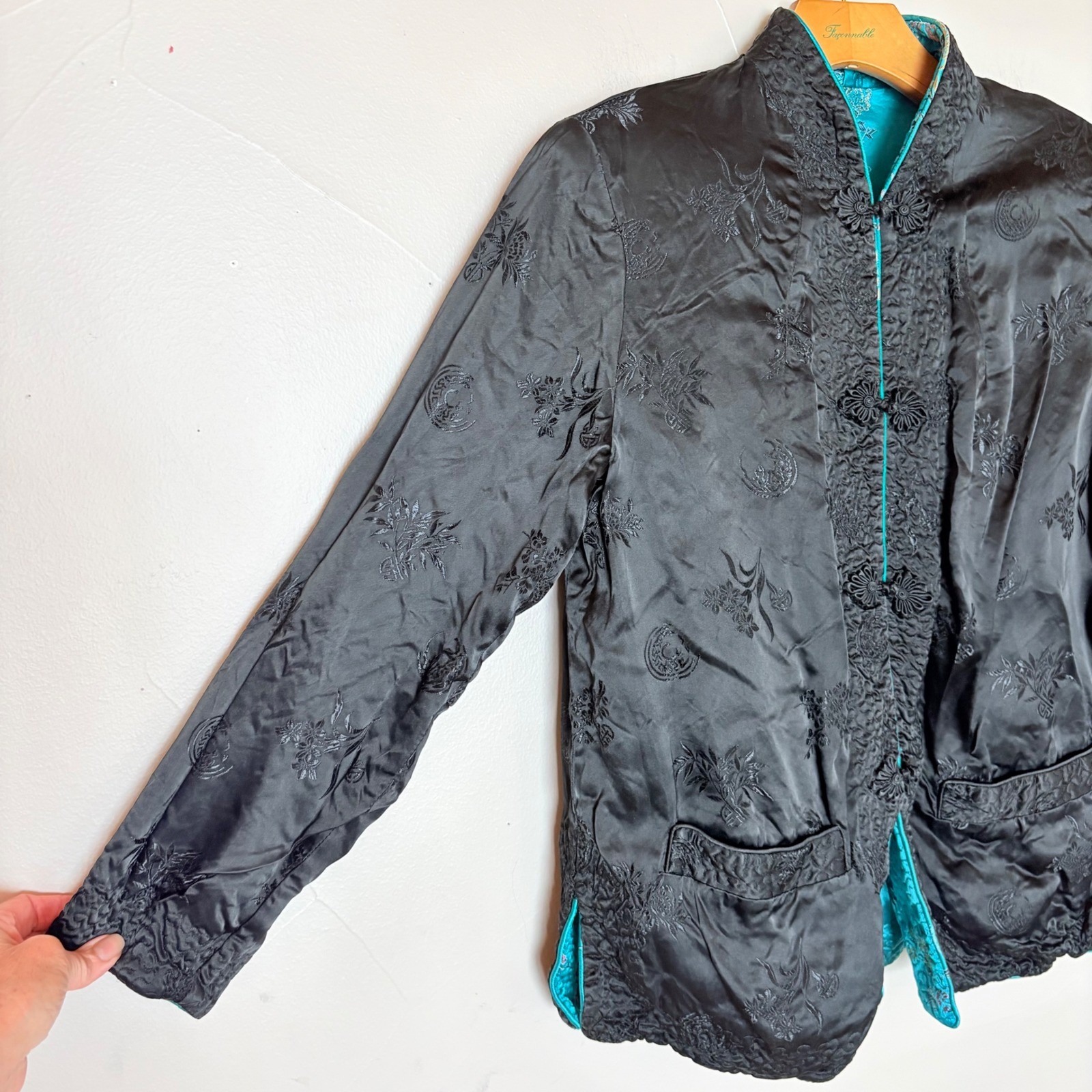 Vintage Reversible Satin Chinese Jacket Teal Black Embroidered Frog Buttons
