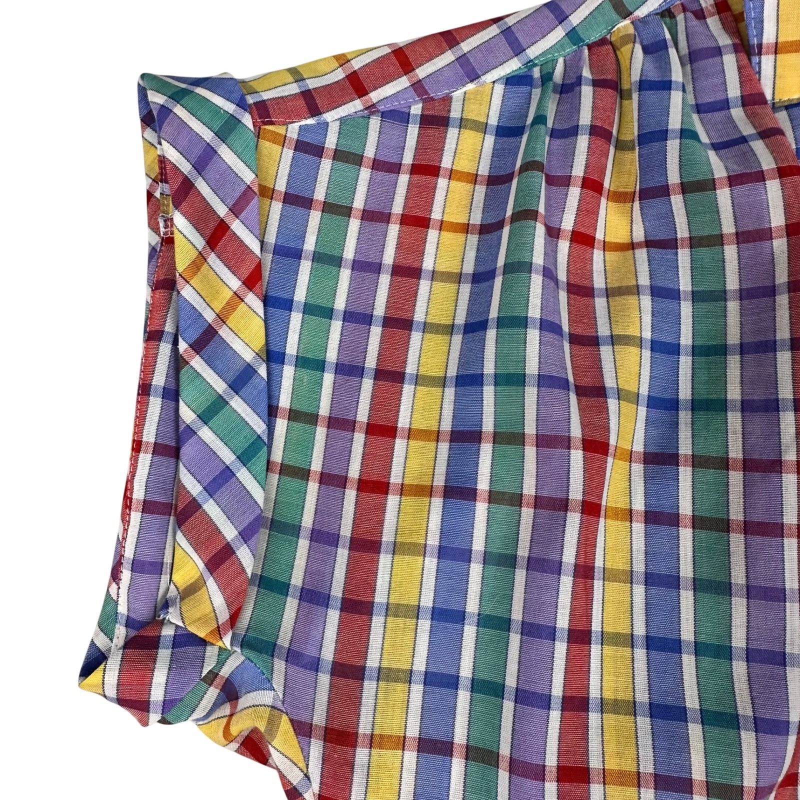 Vtg 70s Koret Rainbow Gingham Plaid Short Sleeve Button Down Shirt Multicolor