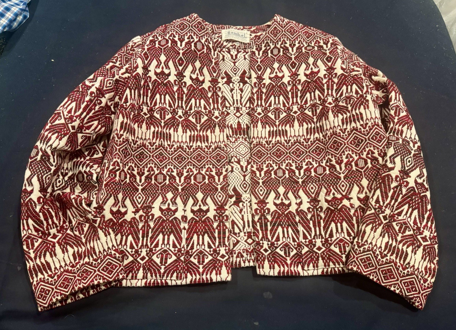Vtg Sombol Women’s Handwoven Open Front Jacket Guatemala Sz 18 Red Cream 42.5”
