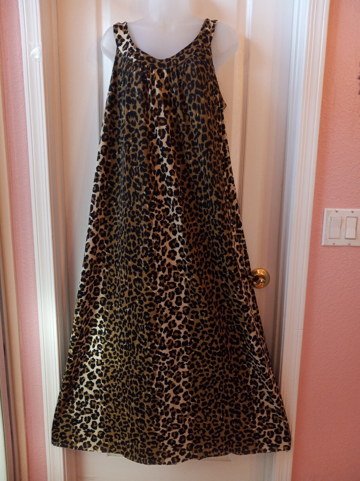 Vintage 60s Leopard Nylon High Collar Sleeveless Muumuu Nightgown Tiki Oasis L