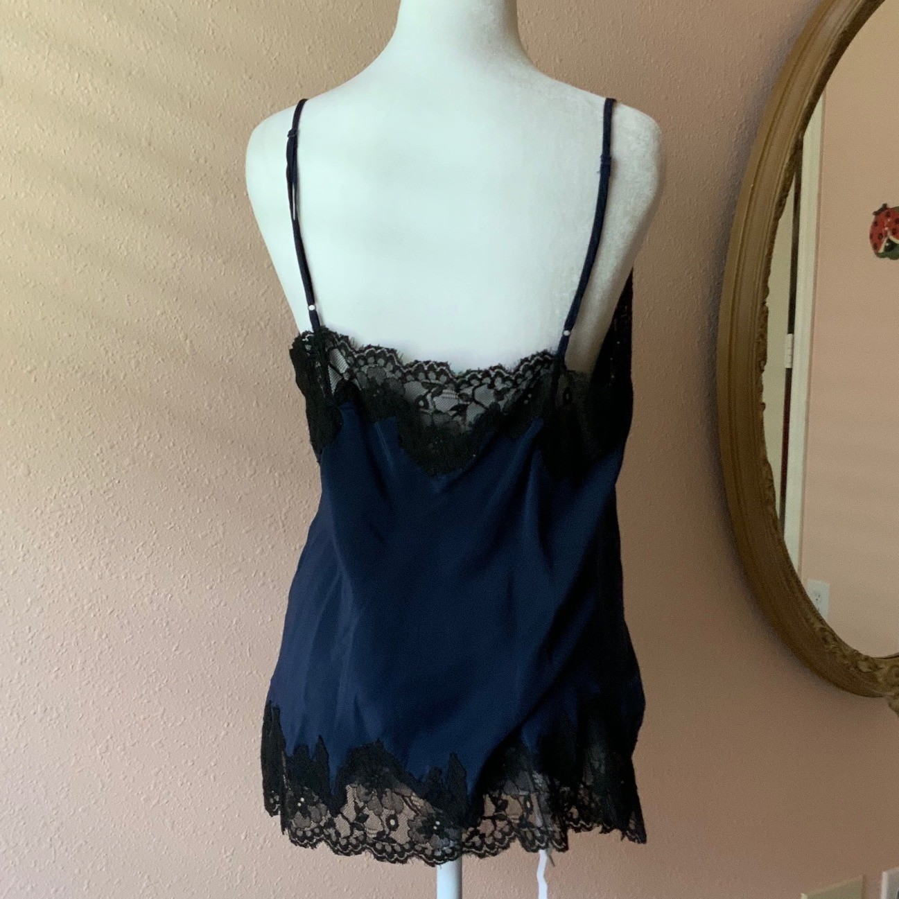 Navy Blue and Black Lace Gold Hawk Silk Cami Large