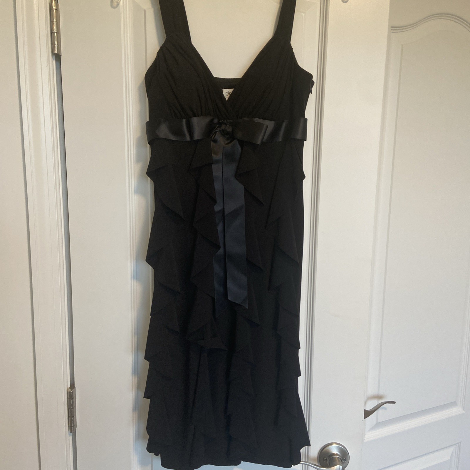 Vintage 90s Cache Black Ruffle Bow Ruched Formal Cocktail Mini Dress 6
