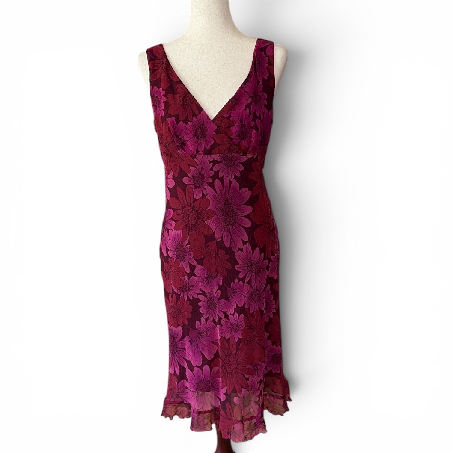 City Triangles Vintage Y2K Pink Burgundy Floral V-Neck Midi Dress Size 11/12