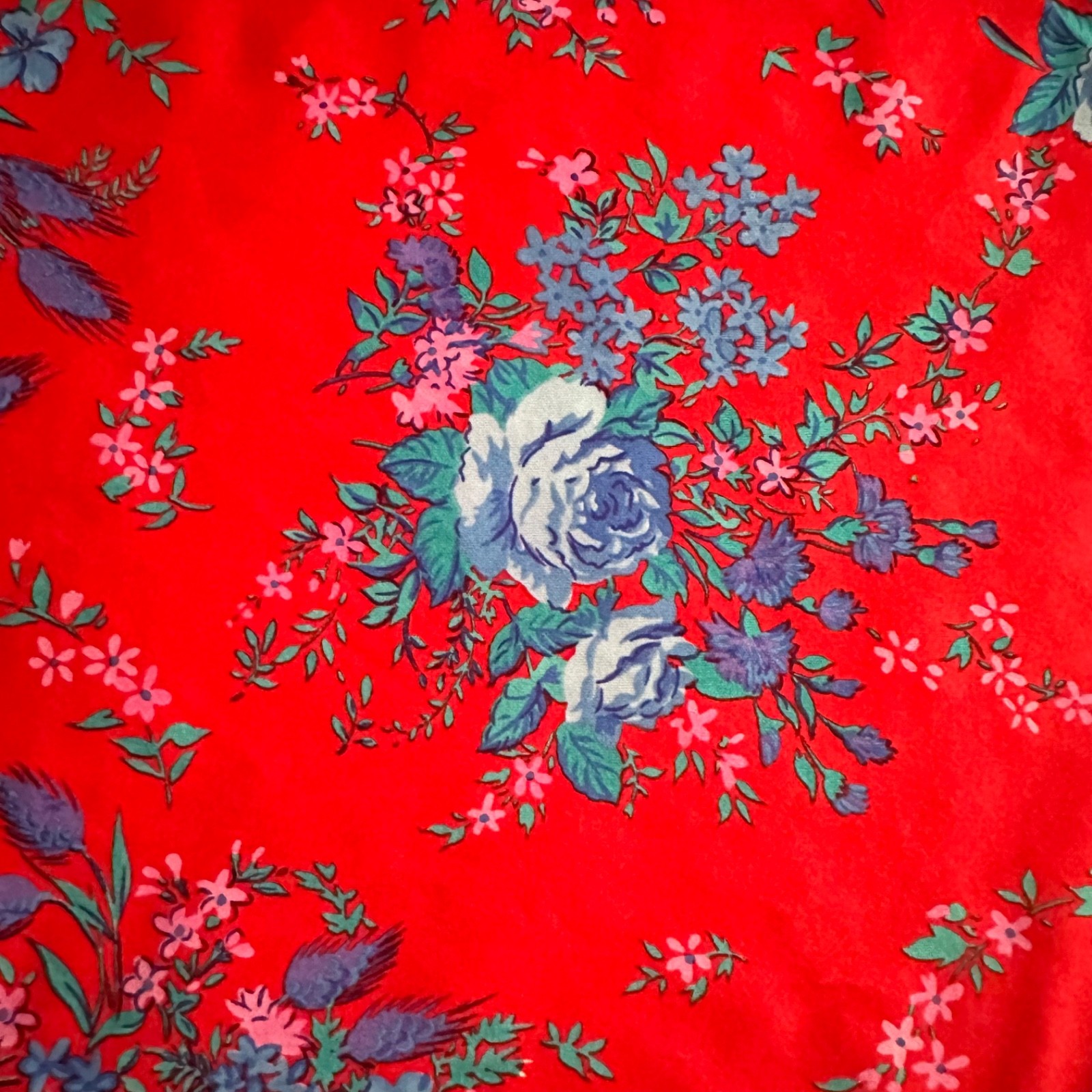 Vintage 1970s Mrs Roper Caftan Goddess Dress Red & Blue Hawaiian Floral M/L
