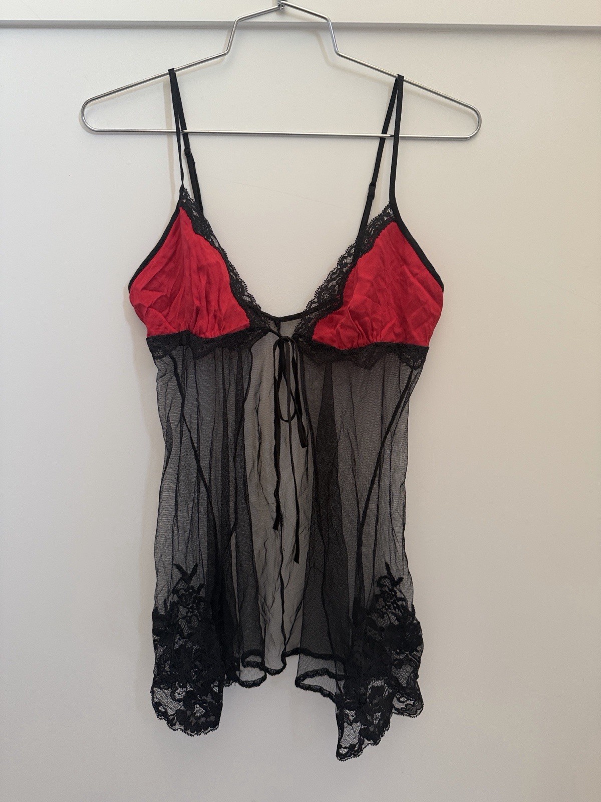 Vtg 2001 VICTORIA’S SECRET Red Silk Black Mesh Babydoll Flyaway XS Y2K Archival