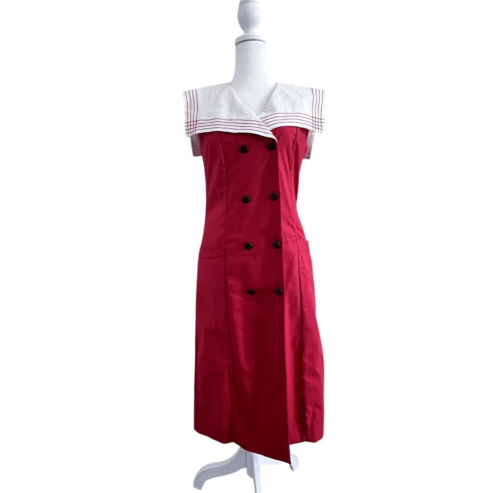 VTG Laura Ashley Sailor Dress Sz 8 Small Nautical Cosplay Red Midi Double Breast