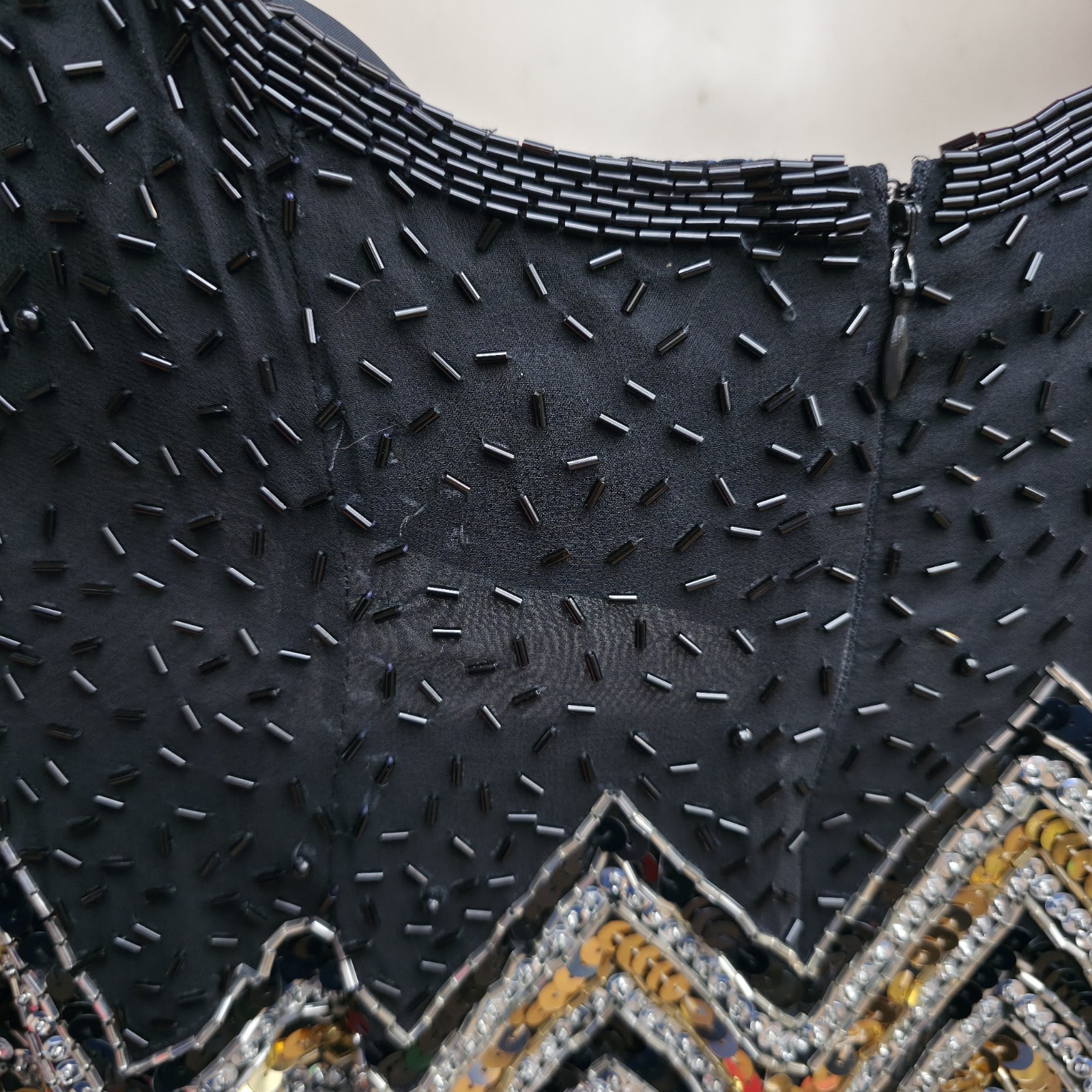 Vintage Niteline by Della Roufogali Black Gold Beaded Fringe Cocktail Dress