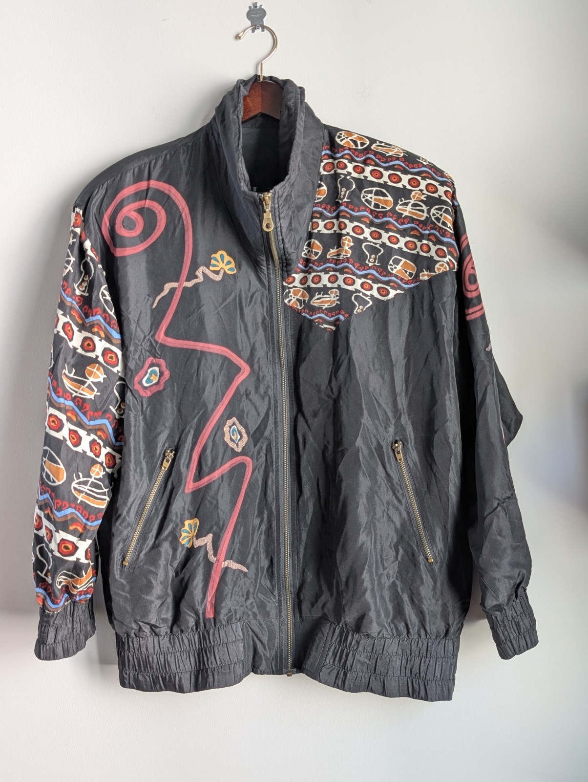 Vintage Bomber Windbreaker Jacket Women&rsquo;s M Silk Black Abstract Art-To-Wear 90s