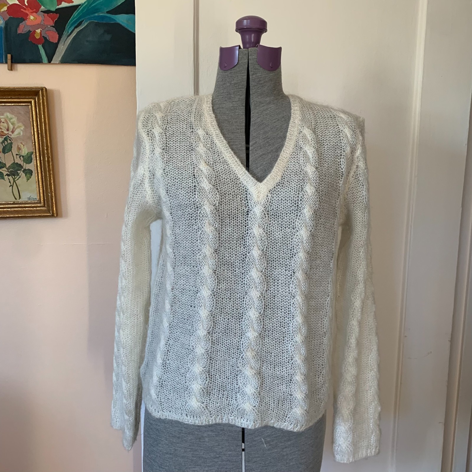 VTG 80s M Sweater Mohair Wool Cable Knit Cream Sheer Granola Fisherman V-Neck