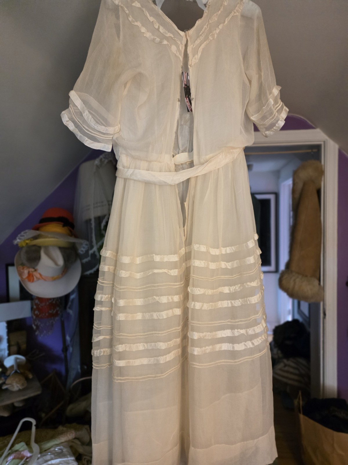 1910s Ivory Silk Chiffon Dress | Edwardian Tea Dress | Sheer Ribbon Trim Antique