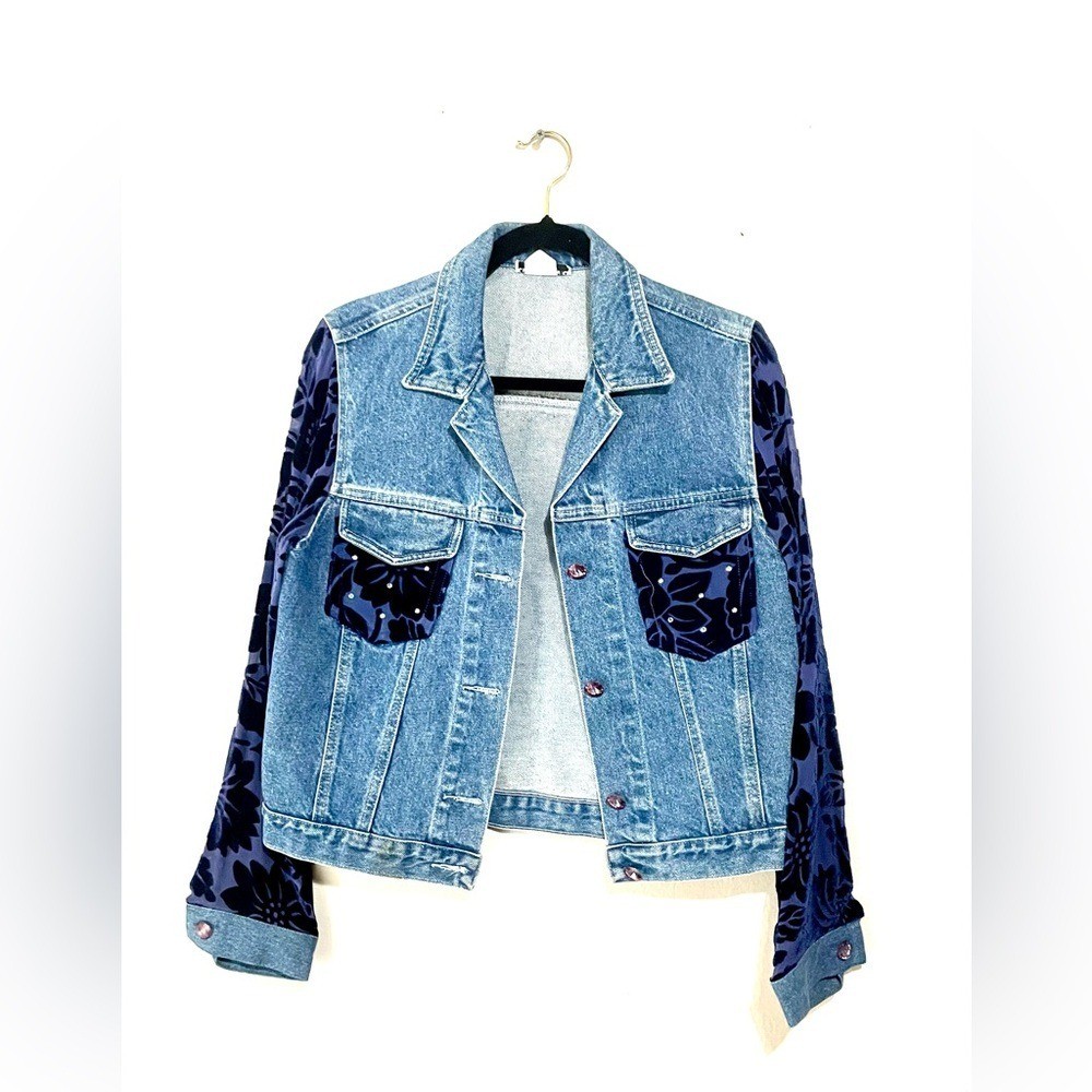 Vtg Y2K David David Women&rsquo;s Rhinestone Velvet Sleeve Jean Jacket Sz S