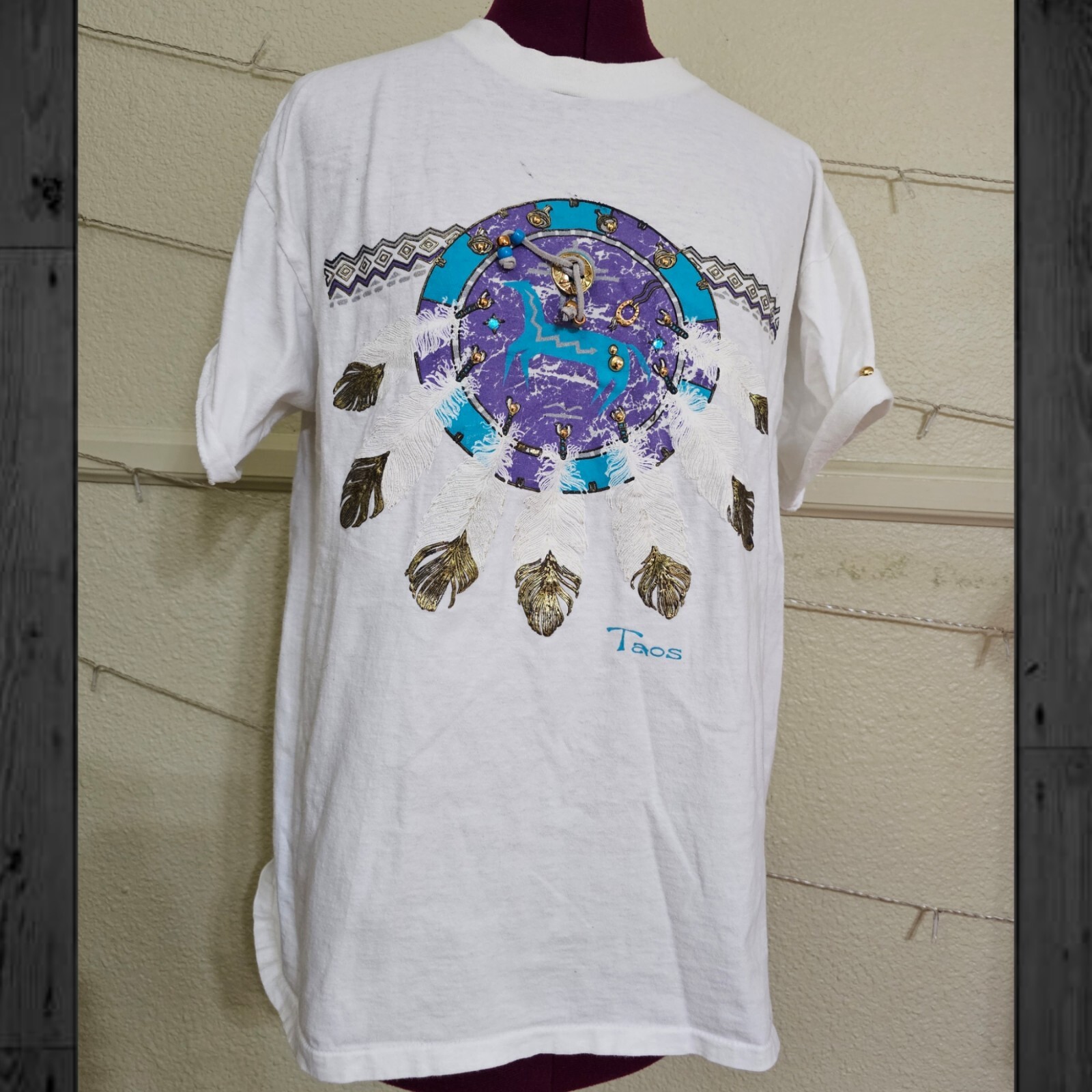 Vintage 90s Women&rsquo;s New Mexico Feathers Horse T-Shirt Large Single Stitch White