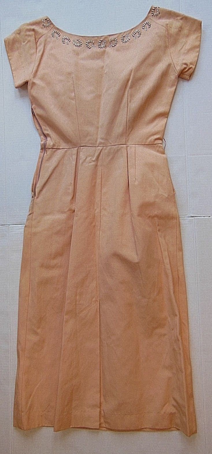 Vintage 1950&rsquo;s PEACHY PINK FAILLE DRESS Metal Rhinestones Embellishment – Size S