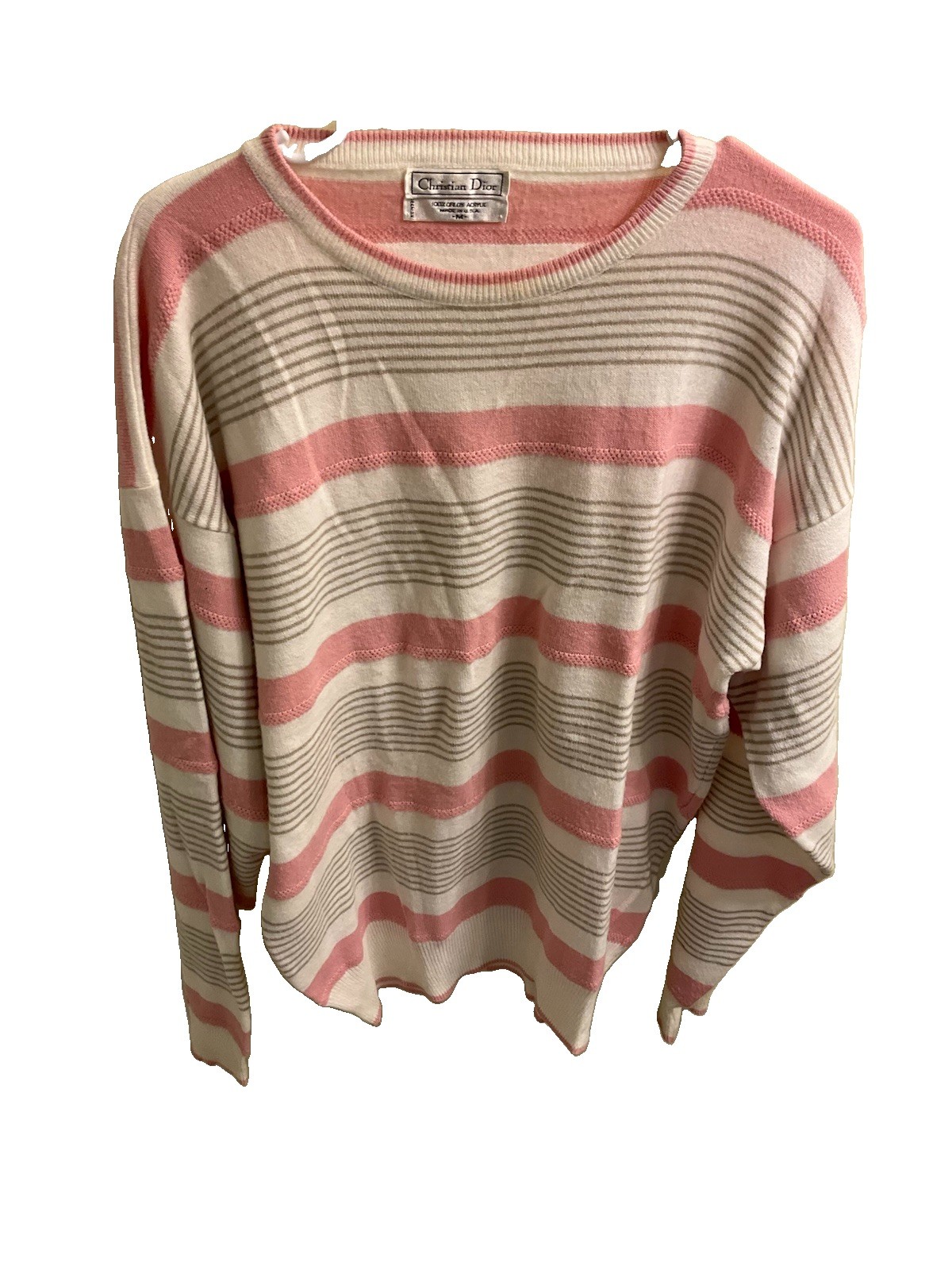 Vintage Christian Dior Women Orlon Crew neck sweater pink stripe Medium 80s USA