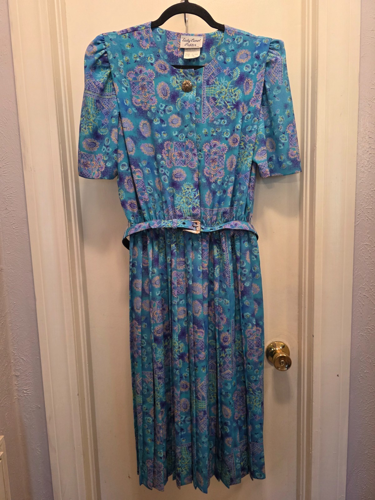 Vintage 80s Lady Carol Petites Pleated Midi Dress Sz 12 Teal Purple Paisley Belt