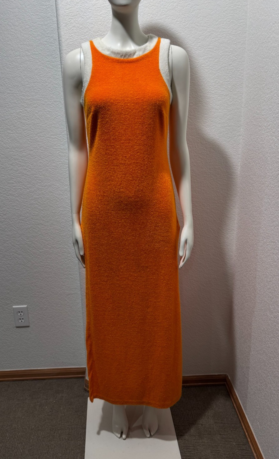 Vintage 70s Terry Cloth Orange Maxi Tank Dress Cover Up Sz S/M High Side Slits