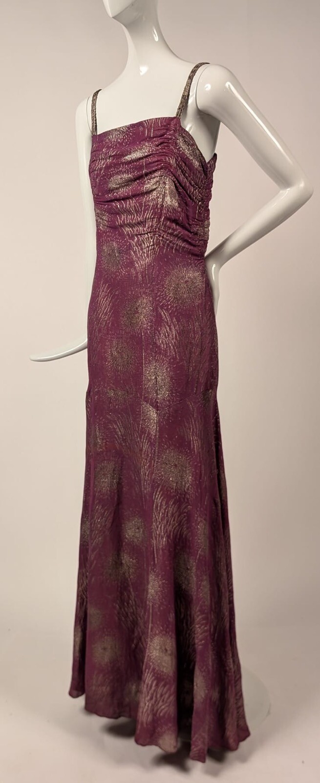 HOLLYWOOD GLAMOUR 1930’S METALLIC GOLD LAME BROCADE FUCHSIA LONG DRESS 