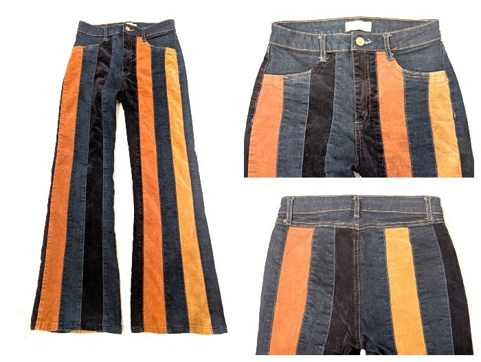 BOHO Hippie FASHIONISTA 24-28&Prime; Stretch Waist PATCHWORK Stripe BELL BOTTOM Jeans