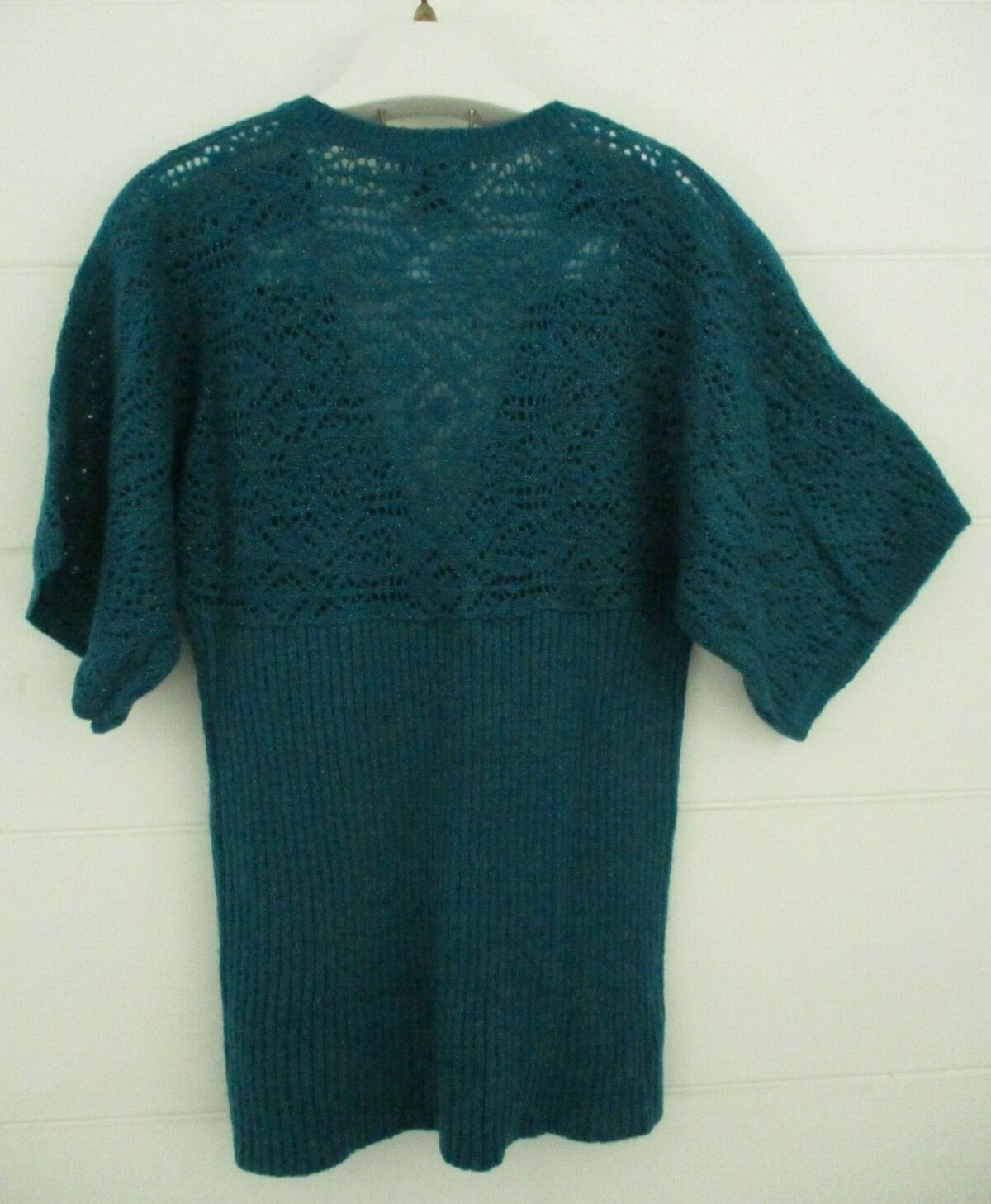 Vintage 1980&rsquo;s A.N.A open Lace Knit Sweater Women Teal Size L 3/4 Kimono Sleeve