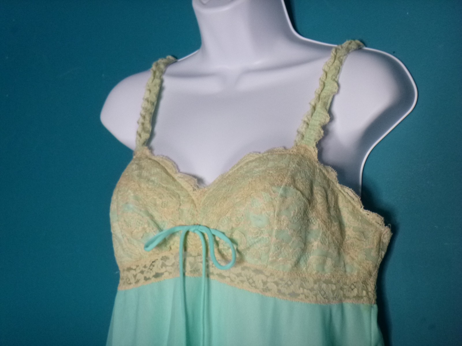 Vtg 60s Olga Sleeping Pretty Nightgown Aqua Double Layer Nylon Chiffon Sz M